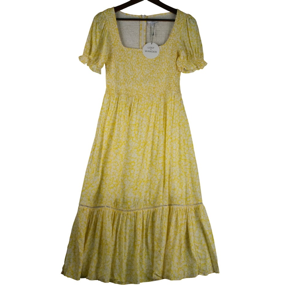 Lost Wander Womens S Dress Yellow Cottagecore‎ Ditsy Floral Smocked Peasant Midi